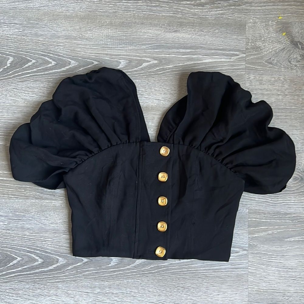 C/MEO Collective Black Puff Sleeve Crop Top with Gold Buttons